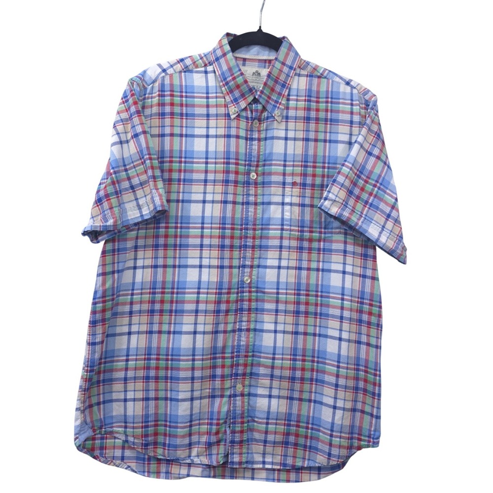 Park Lane Mens Large Plaid Button Down Preppy Shirt Short Sleeve Blue Old Money